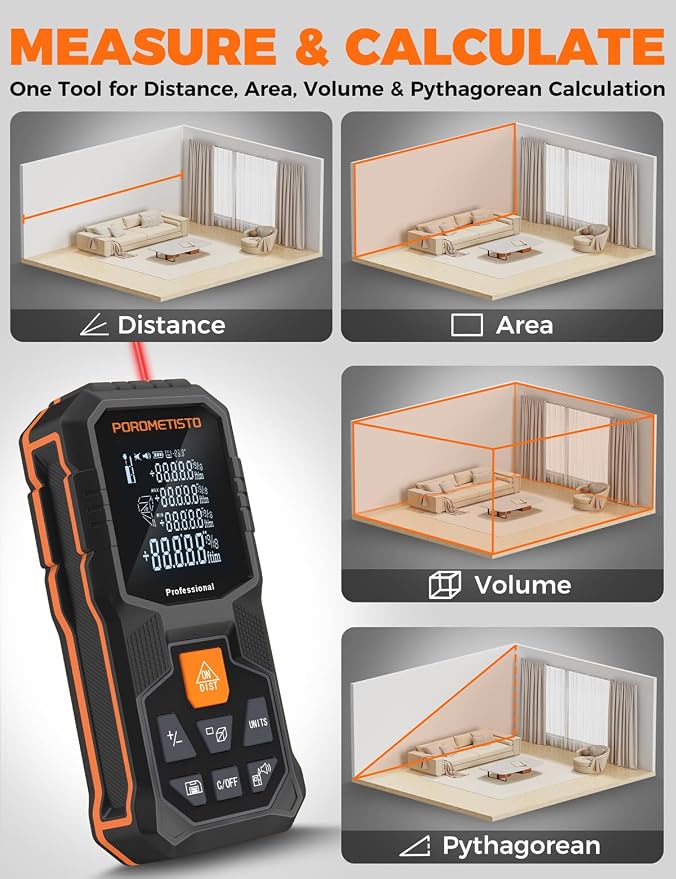 Laser Distance Meter POROMETISTO 164ft/50m, Digital Angle Finder, 12 Modes - Image 3