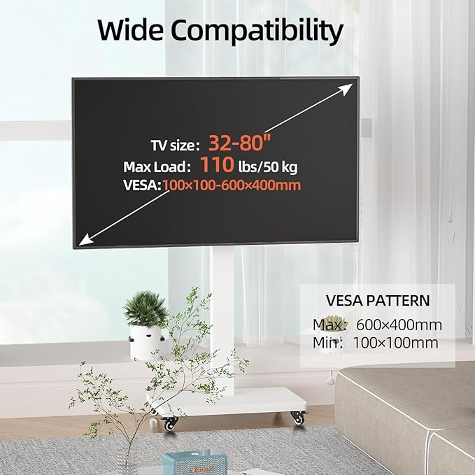 XinleTech Mobile TV Cart Stand for 32-80 Inch TVs,90°Landscape to Portrait Rotating,Manual Height Adjustable Cart,Holds 110 Lbs,Max VESA 600x400mm,Portable tv Stand on Wheels,XL-XZ08W