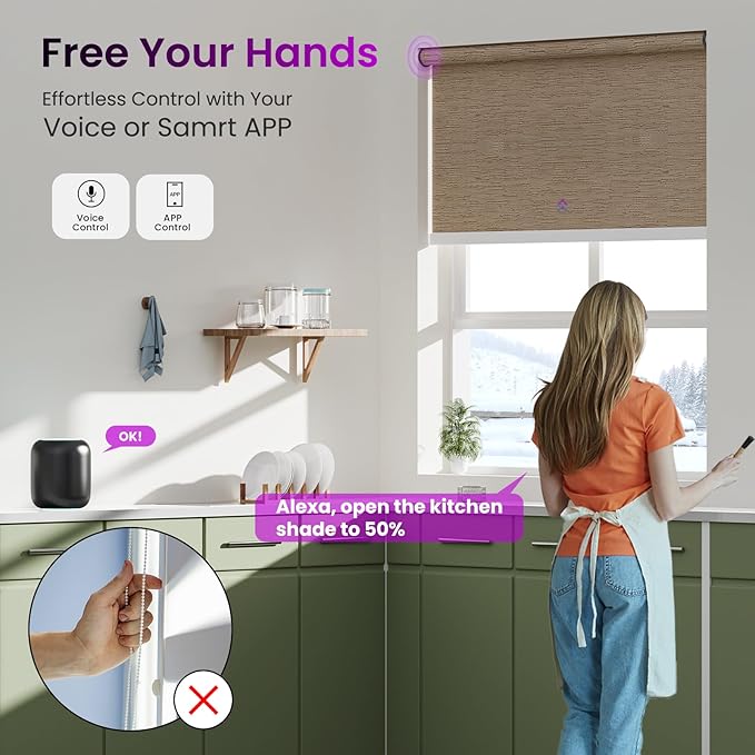 Astomi Motorized Roller Shades for Windows, Blackout Automatic Blinds with Remote, Smart Blinds, Voice Control, Compatible with Alexa, Google, Custom Size (Natural Wood)