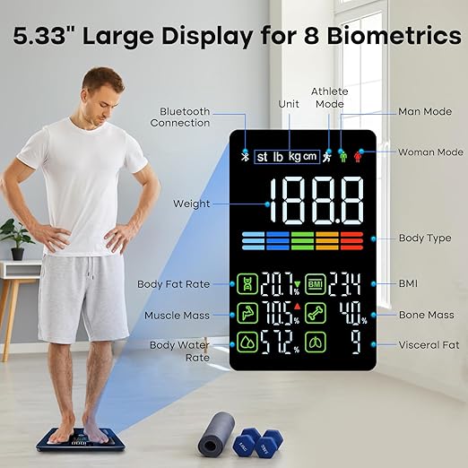GE Smart Scale for Body Weight, BMI, Fat, Muscle Mass, Digital Bathroom Scales 500lbs Bluetooth 11.8" Large Platform Weighing Machine Health Monitor with App, Blue Button Control