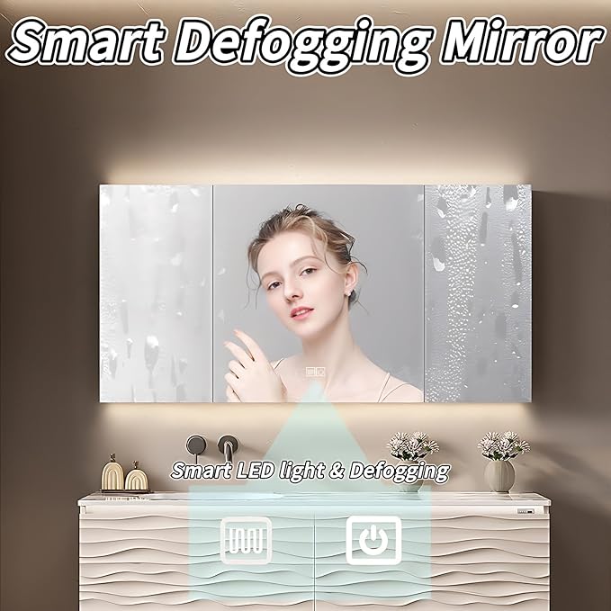 32IN Bathroom Vanity - Smart Defogging Mirror Cabinet | Waterproofing Technology & Wave Shaped Door Panel, Floating Bathroom Vanities with Large Storage Space (Mirror)