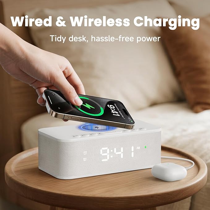 Fansbe Direct Digital Alarm Clock White Noise, Loud Digital Alarm Clocks Bedrooms, Alarm Clock Speaker Wireless Charger AUX USB Bluetooth Speaker 12/24H Dual Alarm Snooze Adjustable Brightness, White