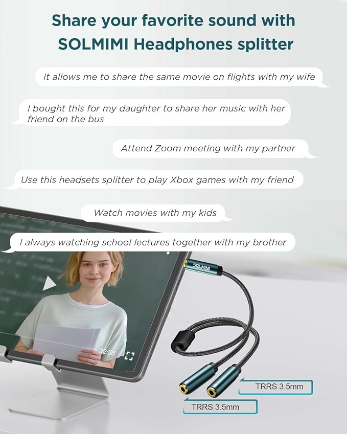 SOLMIMI Headphone Splitter (4 Feet) 3.5mm TRRS Male to Two TRRS Female Adapter Compatible with 2 Audio and Microphone Headsets to PC, Laptop, Android, Windows, Smartphones