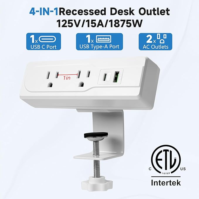 Desk Clamp Power Strip with 10Feet Extension Cord,45 Degree 3-Prong Thin Flat Plug, 2 Widely Spaced AC Outlets,2 USB Port (20W PD USB-C & 18W QC3.0 USB-A) Desk Edge Mount Power Strip,16AWG, ETL Listed
