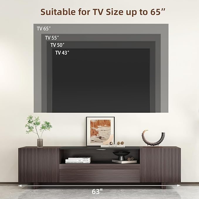 Epecoya TV Stand with Storage Cabinets for Living Room, Modern Wood Fluted TVs Media Console for 55/60/65 Inch TVs, Mid Century Television Stands with Drawer and Open Shelve for Bedroom, Dark Walnut
