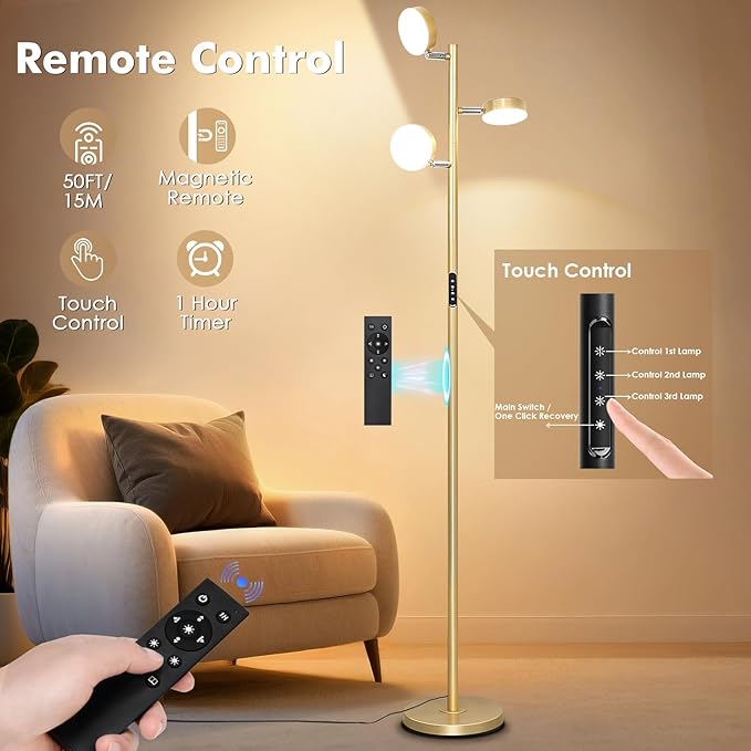 Benaep Tree Floor Lamp for Living Room - Modern Glod Standing Lamp, LED Floor Light with Remote & Touch, 3000K-6000K Dimmable for Bedroom Office Reading (3 Head)