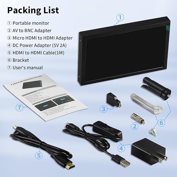 Aurevita 7 Inch Mini Monitor HDMI, Portable Vga Monitor with AV BNC 1024×600 LCD Screen with Built-in Speakers, 178° View Angle IPS, Multi-Function Mini Small Display for Raspberry Pi PC/TV/DVD/CVBS