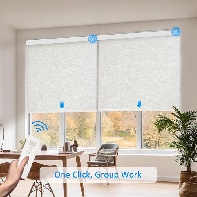 COOLWINDS Motorized Blinds with Remote Cordless Automatic Motorized Shades Custom Blinds for Windows Smart Curtains Compatible with Alexa Google Home(Blackout Jacquard Beige,W37 x H72in)