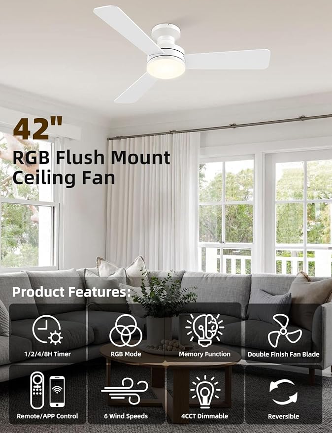 Homlit 42" RGB Ceiling Fan with Light, Music Sync Smart Fan with Alexa/Google/App Control, Low Profile Flush Mount, 6-Speed Quiet DC Motor, 4 CCT Dimmable Lighting for Bedroom Living Room, White