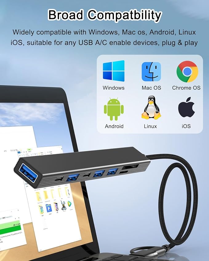 VIENON USB C Hub USB Hub 3.0 with SD Card Reader(8-in-1), USB Extender with Memory SD/Micro SD Card Reader, for Laptop, PC, MacBook, iPad Pro, iMac-Aluminum