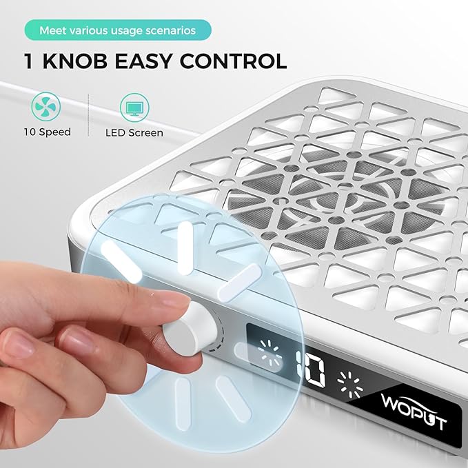 Woput Nail Dust Collector, 1600PA Professional Nail Vacuum Dust Collector Fan with Filter Papers (30 Pcs) for Acrylic Nail Polishing & Manicure at Nail Salon & Home - White