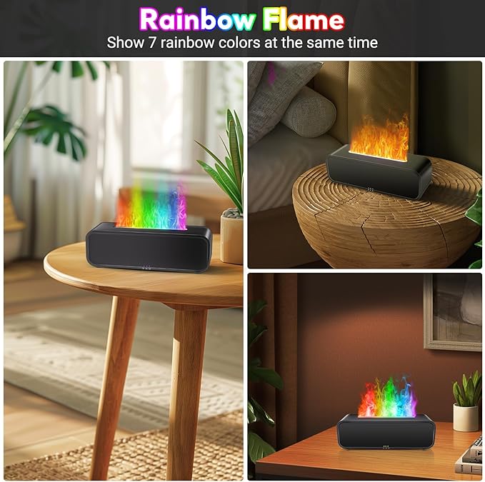 Essential Oil Diffuser, 250ml Flame Oil Diffuser - Aromatherapy Humidifier, Sound Activated Flame Effect, Rainbow Flame, Music Sync, Remote Control - Perfect for Bedroom Home Office Yoga (Black)