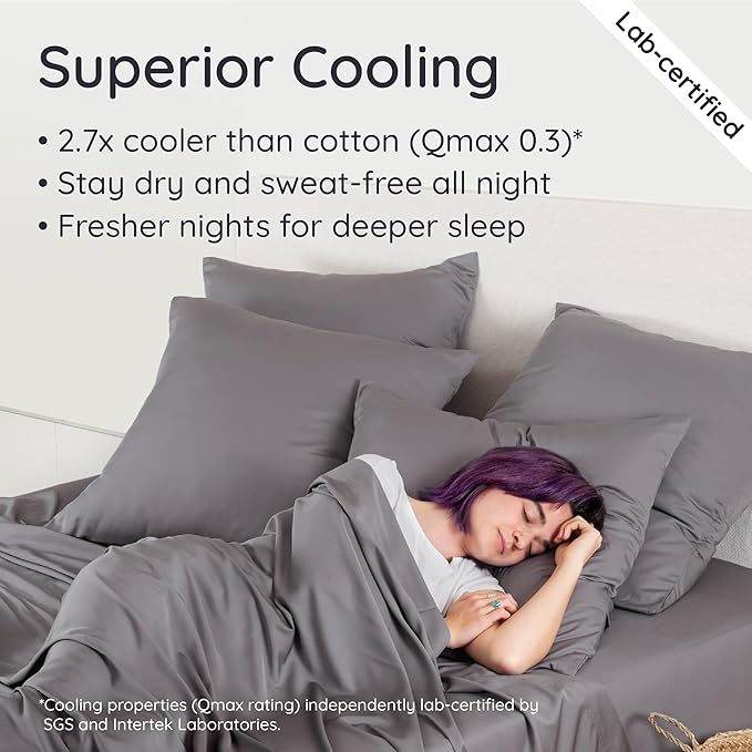 Bambaw 100% Viscose Derived from Bamboo Fitted Sheet Twin Size, 15’’ Deep Pocket, Twin Fitted Sheet Cooling with Corner Straps (Dark Gray)
