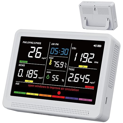 bonoch Upgrade 16 in 1 Air Quality Monitor Indoor 15h Battery & 5.5" Display 9 AQI+7 AQI Alerts, CO2 Monitor Air Quality Tester for CO2, TVOC, PM2.5 PM1.0 PM10, HCHO Temperature Humidity AQI & Time
