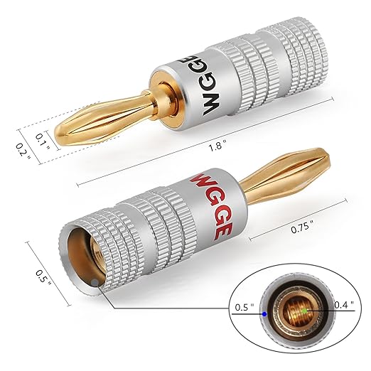 WGGE WG-009 Banana Plugs Audio Jack Connector, 24k Gold Dual Screw Lock Speaker Connector for Speaker Wire, Wall Plate, Home Theater, Audio/Video Receiver and Sound Systems (6 Pairs / 12 pcs)