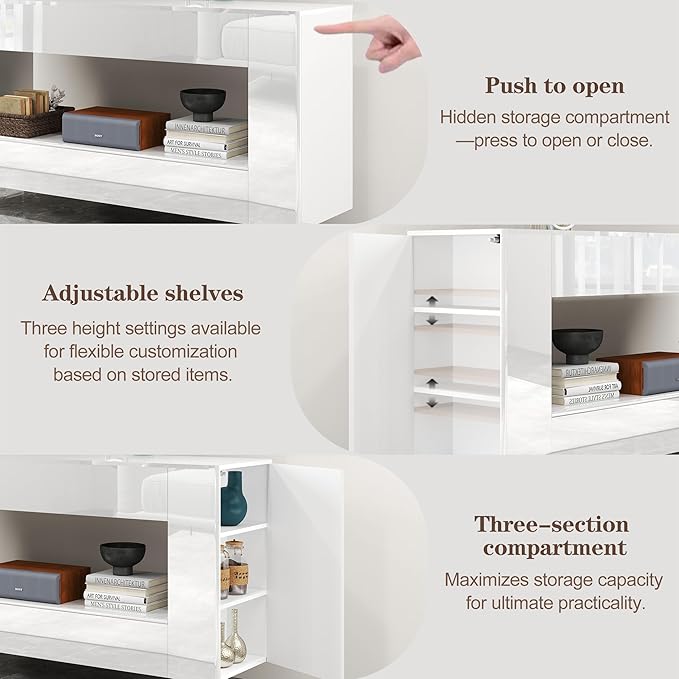Vavkorkula High Gloss TV Stand for 55 Inch with 2 Large Drawers & Hidden Storage Cabinets, Modern Entertainment Center Television Stands for Living Room Bedroom, White