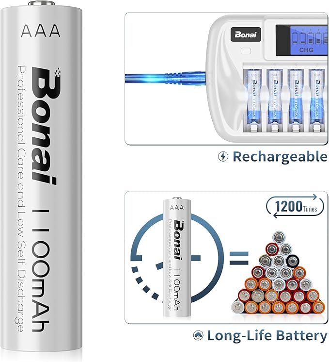 BONAI Rechargeable AAA Batteries with Charger, 8+1 Bay Battery Charger AA AAA with LCD Display for 1.2V NiMH AA AAA 9V, 1100mAh High Capacity Low Self Discharge- 8 Pack