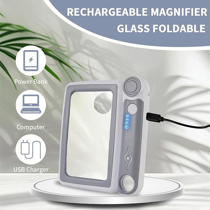 Magnifying Glass with Light, 5X 10X 45X Rechargeable Magnifier with 20 LED, 3 Light Modes Folding Lighted Magnifying Glass Handheld for Seniors Low Vision Reading (Gray & White)