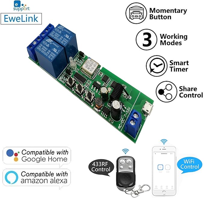 Newgoal 2-Channel Ewelink App Remote Control WiFi 433MHz RF Wireless Switch Relay, self-Locking, Interlock Mode, Used to Access and Control Smart Garage Doors, Compatible with Alexa Goolge