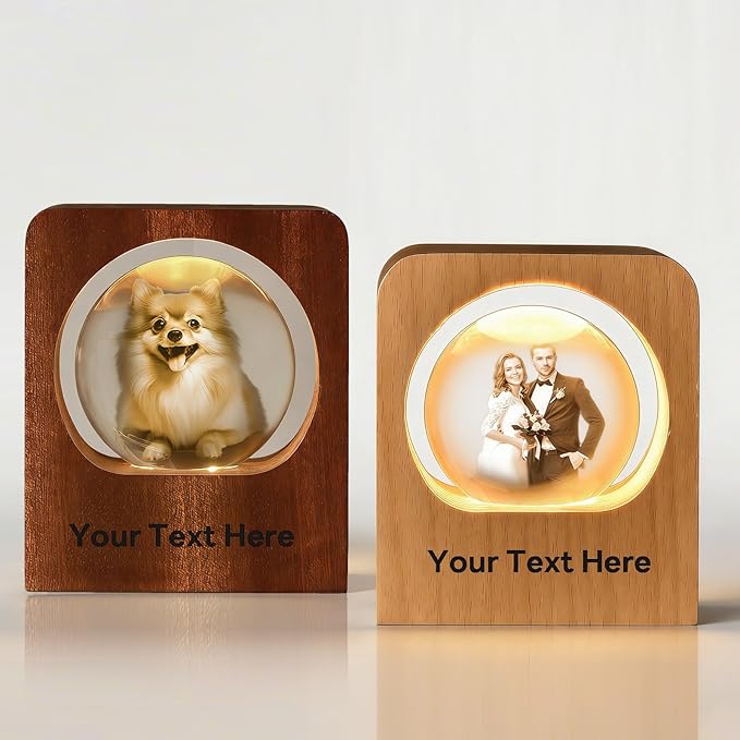 GigaGlow Personalized 3D Crystal Photo Night Light - Custom Engraved Glass Ball with LED Wood Base | Perfect Custom Gift for Family, Pets, Birthday, Valentine's Day