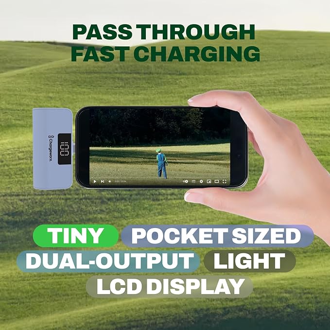 CHARGEWORX Mini Portable Charger Power Bank with Built-in Lightning Output, 5,000 mAh Power Bank with Fast-Charge Dual Output, Pass-Through Charging, LCD Display, Compact Design, Coral Blue