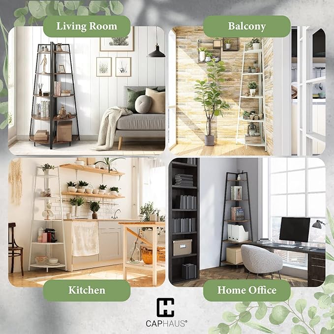 CAPHAUS Tall Corner Shelf Stand, 4-Tier Display Shelves, Ladder Corner Wood Storage Plant Bookshelf with Metal Frame, Versatile Shelving Unit Bookcase for Home Office Space, White