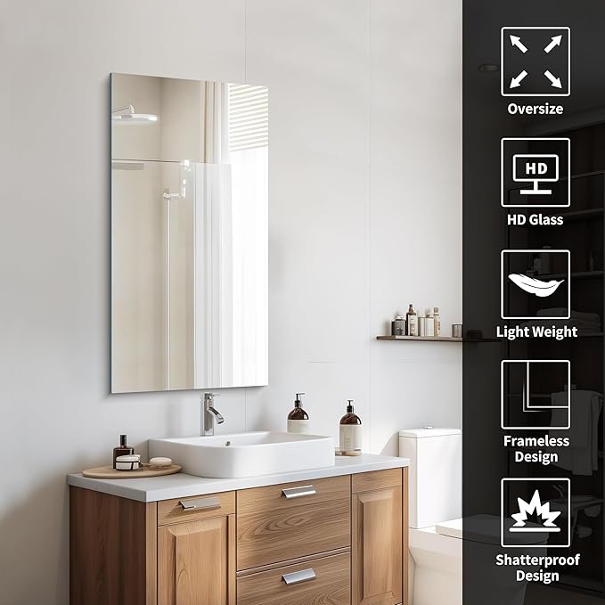 CILIBER Frameless Mirror, 20x40 Inch Bathroom Mirrors for Wall, Rectangle Bathroom Vanity Mirrors with Polished Edge, Hangs Horizontally or Vertically for Bathroom, Bedroom and Living Room