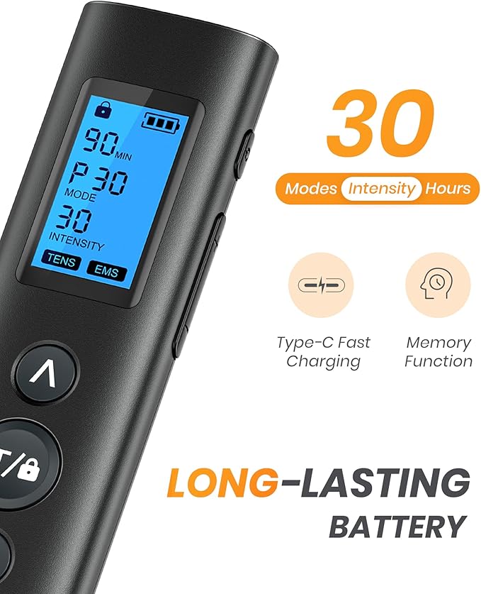 AVCOO 30 Modes TENS EMS Unit Compact Muscle Stimulator for Pain Relief of Back, Shoulder, Neck, Rechargeable & Portable Dual Channel EMS Muscle Stimulator with 30 Intensity Levels, 12 Electrode Pads