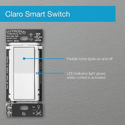 Lutron Claro Smart Light Switch for Caseta Lighting, for LED Lights, Fans, 5 Amp, Single-Pole/3-Way, Neutral Required, DVRF-5NS-LA, Light Almond