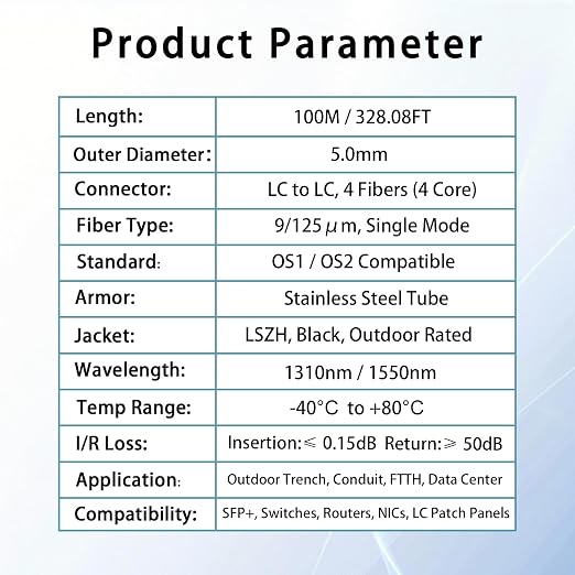 100M/328FT Outdoor Armored LC to LC Fiber Optic Cable, 4 Core OS2 Single Mode - Image 6