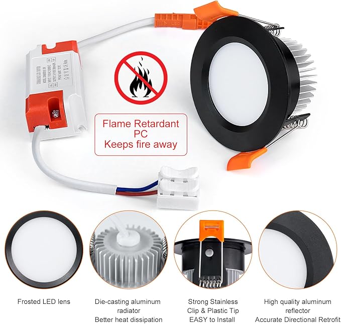 inShareplus 2 Inch LED Recessed Lighting, Black Downlight Dimmable 3W (35W Equivalent), 3000K Warm White, CRI80, Recessed Light Fixtures with LED Driver （1 Pack）