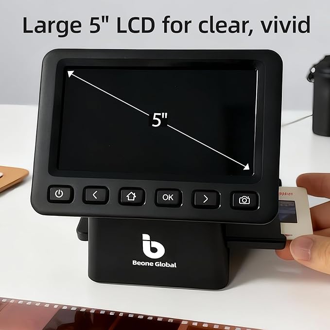 BEONEGLOBAL ClearScan P5 Film Scanner with SD Card, Upgraded Version, 24MP High-Resolution 35mm/135/126/110/Super 8 Film & Slide Converter with 5” LCD, Quick Digital JPEG Conversion