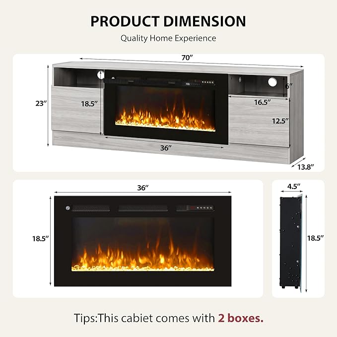 YISUFO 70" TV Stand with 36" Electric Fireplace, Large Modern Media Entertainment Center with Storage Cabinet and 12 Colors LED Lights for TVs Up to 80",Grey and Black