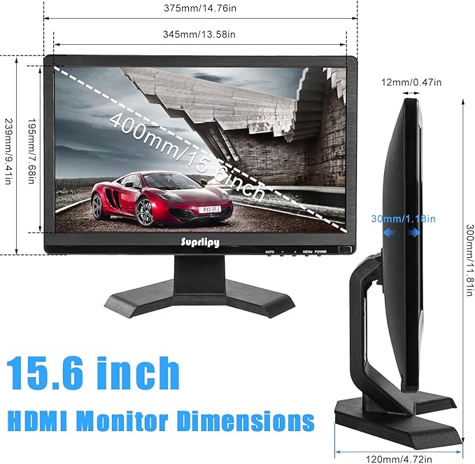 Suprlipy 15.6 inch FHD Small IPS Monitor LCD Display Screen 1920x1080 60Hz 16:9 with BNC VGA AV Input Built-in Lounspeakers for CCTV Security Camera DVR PC RasPi