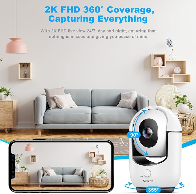 Cloarks 2K Indoor Camera, 5/2.4 GHz WiFi Pan/Tilt Security Camera - Image 4