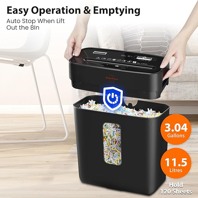 VidaTeco Paper Shredder for Home Use 6-Sheet Cross-Cut Shredder,Also Shred Card/Clip/Staple,P-4 Higher Security,Small Document Shredding Machine for Office,Heavy Duty with Jam Proof,3.04-Gal Bin