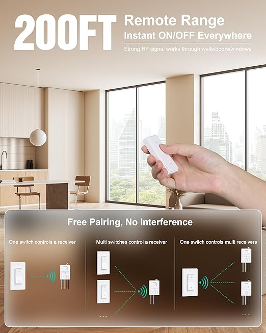 TREEWELL 3 Way Wireless Light Switch and Receiver Kit, Decorator Rocker Wall Switch, 200FT RF Range, No in-Wall Wiring Required, Programmable & Expandable for Ceiling Light, Fans, Lamps