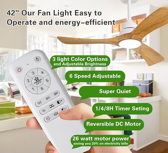 Gaizw 42 Inch Ceiling Fans with Light,3 Blade Ceiling Fan with Remote Control, Reversible Dimmable Wood Ceiling Fan for Kids Room Bedroom Garage Indoor Outdoor Use