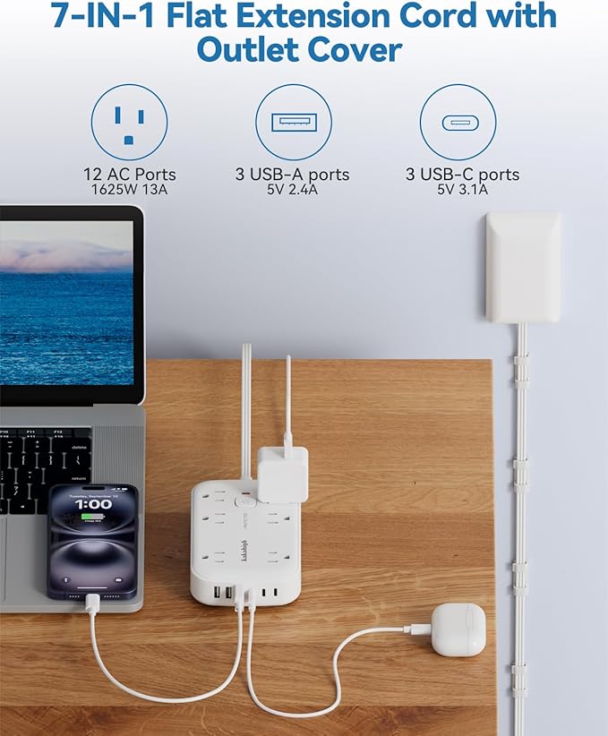 10FT Extension Cord with Outlet Cover & Multi USB, Ultra Thin Outlet Concealer with Cord & 12AC Outlet 6 USB (24W/4.8A), Charging Station for Multiple Devices, for Behind Wall Furniture Couch TV