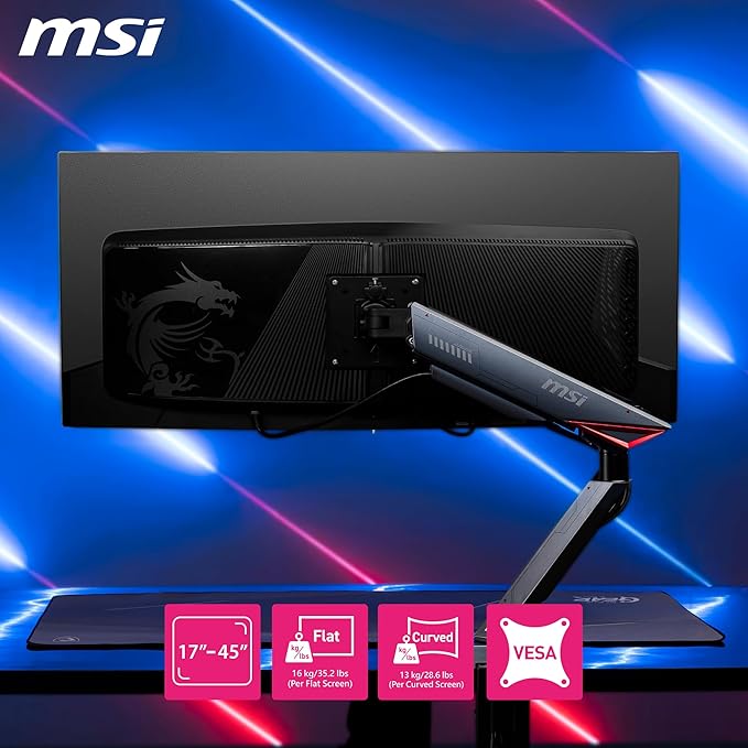 MSI MPG MT161R - Premium RGB Single Monitor Stand Arm, Supports 17-45" Screens and 35.2 lbs, VESA Compatible, Adjustable Spring Assisted Mount, Clamp & Grommet, Quick Release Plate - Black