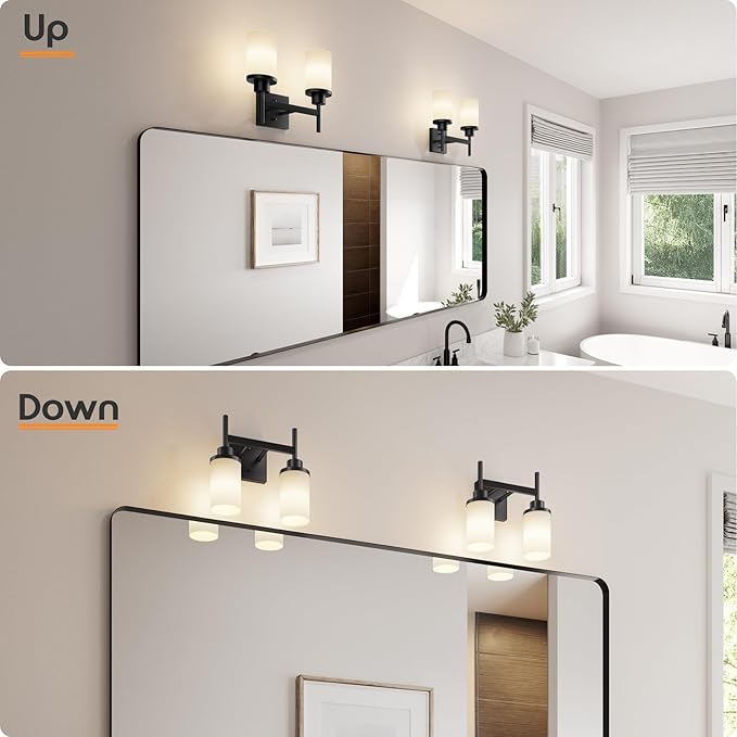 AONEON Wall Light Fixtures Matte Black Bathroom Vanity Lights Over Mirror with White Frosted Glass, Double Wall Lamps for Hallway Washroom Porch T001MB-L2