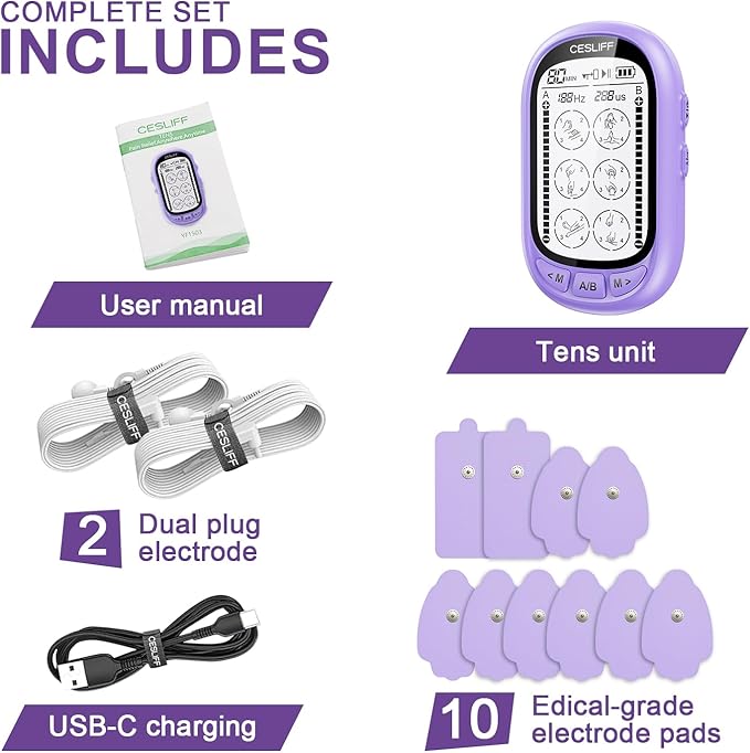 Dual Channel TENS EMS Unit TENS & PMS Unit (Model: YF1503) (Purple)