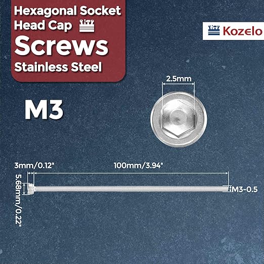Kozelo 4pcs Socket Head Cap Screws - [M3-0.5 x 100mm] 304 Stainless Steel Allen Socket Drive for Electrical Motor 3D Printing Fan Engine Replacement Use, Silver