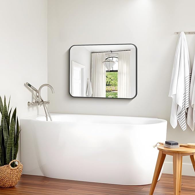 Bathroom Mirror, 30 x 24 inch Metal Framed Black Rectangle Mirror, Rounded Corner Rectangular Vanity Mirror, Wall Mounted Mirror for Modern Bedroom Living Room Hangs Horizontal or Vertical