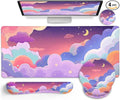 LIMKRIAN Purple Mouse Pad Large Desk Mat Set, Kawaii Clouds Ergonomic Mouse Pad with Wrist Rest Keyboard Wrist Support XXL Mousepad Cup Coaster Set, Cute Purple Office Desk Accessories Decor Supplies