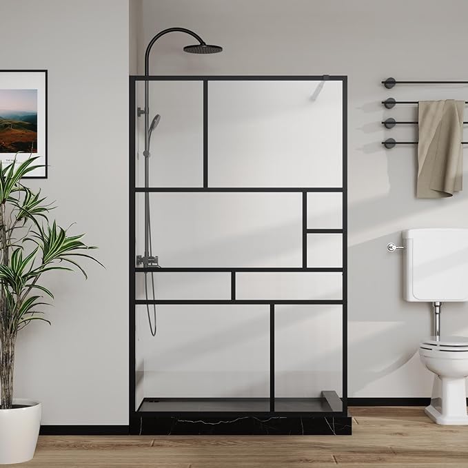 Goodyo 46 in. W x 72 in. H Bathroom Shower Glass Door Framed Tempered Clear Glass Shower Screen Panel for Walk-in Bathroom, Multiple Grid Pattern, 3-Pieces Glass, Matte Black