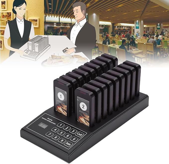 Luocute Wireless Calling System, 18 Receivers 1 Transmitter Channel 30-100m Range, with Vibration Sound Flashing Lights, for Restaurant Food Court Clinic Nursing Home (US Plug)