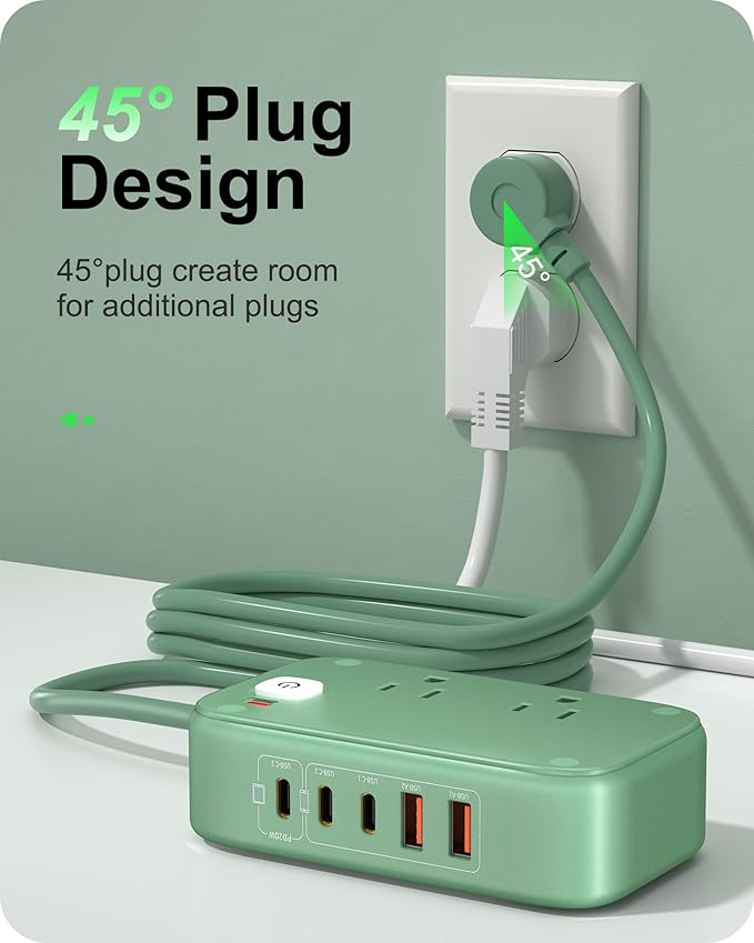 KWRNVO 5FT USB Charging Station with Outlets, Flat USB C Travel Power Strip PD 20W Charger with 2500W AC Outlets, 3 USB-C Ports, 2 USB-A Ports Extension Cord for Home/Office/Travel