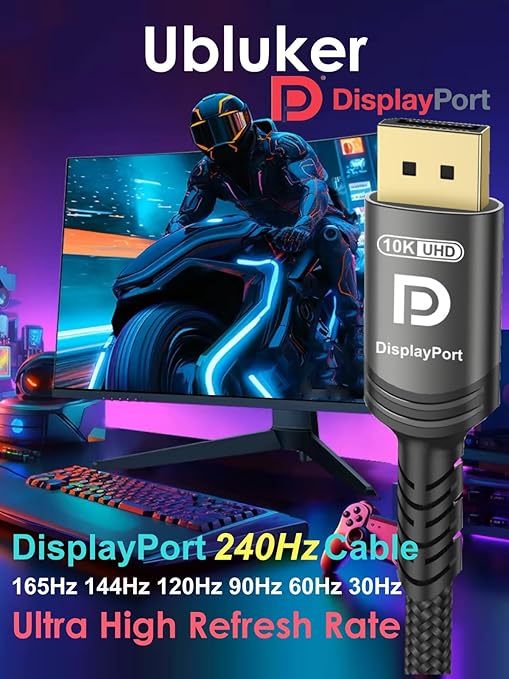 Ubluker 10K 8K DisplayPort 2.1 Cable 54Gbps 5 FT, Certified DP to DP Cord 4K 240Hz 165Hz 144Hz 120Hz 10K 8K 120Hz Nylon Braided UHBR HDCP2.3 FreeSync G-Sync RTX5090 Gaming Monitor PC Projector