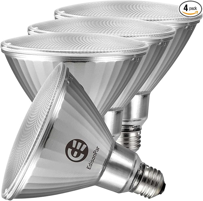 EdisonPar Full-Glass PAR38 LED Flood Light Bulbs Outdoor/Indoor Equivalent 300 Watt, 4000 Lumens Ultra Bright, Dimmable Waterproof 5000K Daylight, 4-Pack